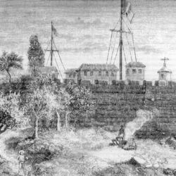 Ilha de Moçambique . Cidade de Moçambique, capital da colónia, à chegada de D. António Barroso. Desenhos do Padre Courtois. Fortaleza de São Sebastião (1888), Largo de São Paulo (1885) e Palácio do governo com a igreja de São Paulo (1888).